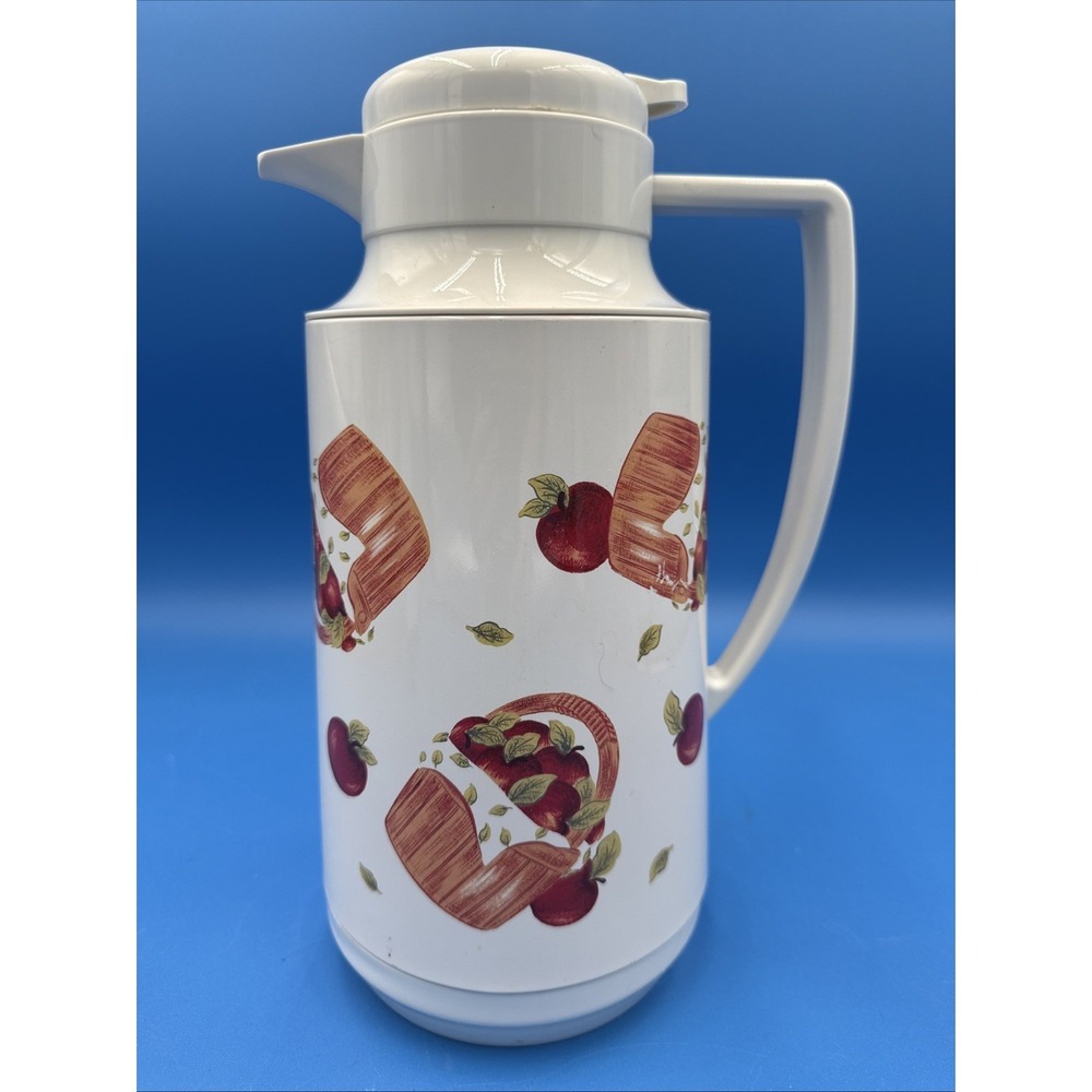 Vtg Vacuum Insulated Carafe Fruit Basket Apples Thermal Pitcher White Cottage